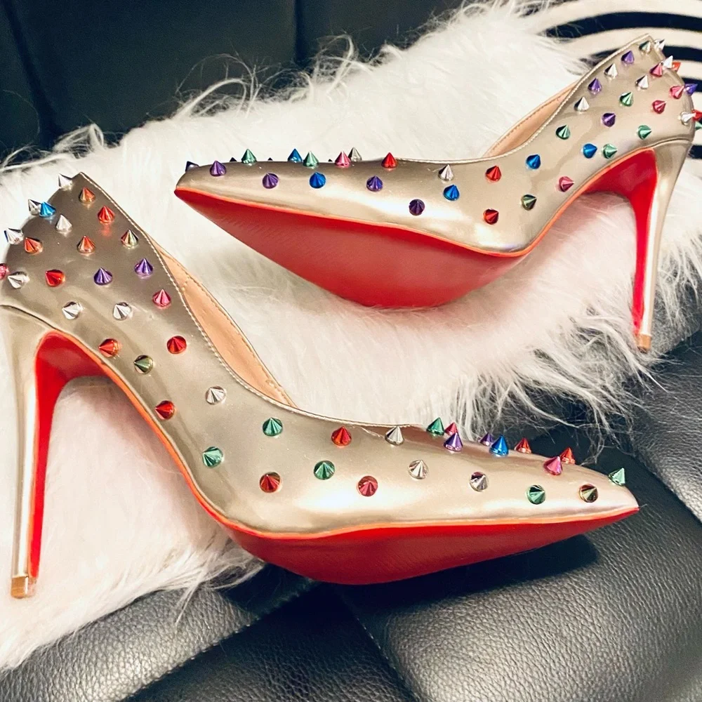 Women Custom Red Bottom Sexy Heels Pumps Studded Rivet Party Wedding Shoes - Picture 7 of 13